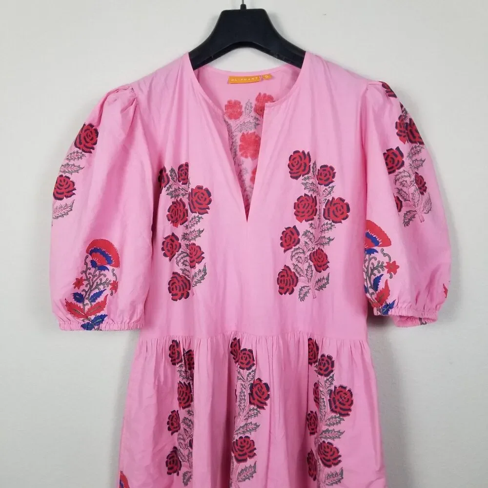 Oliphant Tuckernuck Boca Pink Puff Sleeve Midi Cotton Block Print Dress Size S - Picture 10 of 15